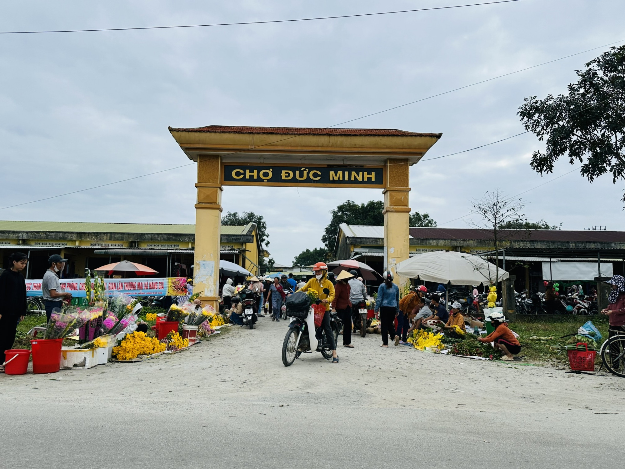 Chợ quê đầu năm Chỉ cần bước đến cổng chợ, người ta đã cảm nhận ngay không khí Tết len lỏi trong hai hàng hoa sắc màu được bày biện xinh xắn từ ngoài vào trong.