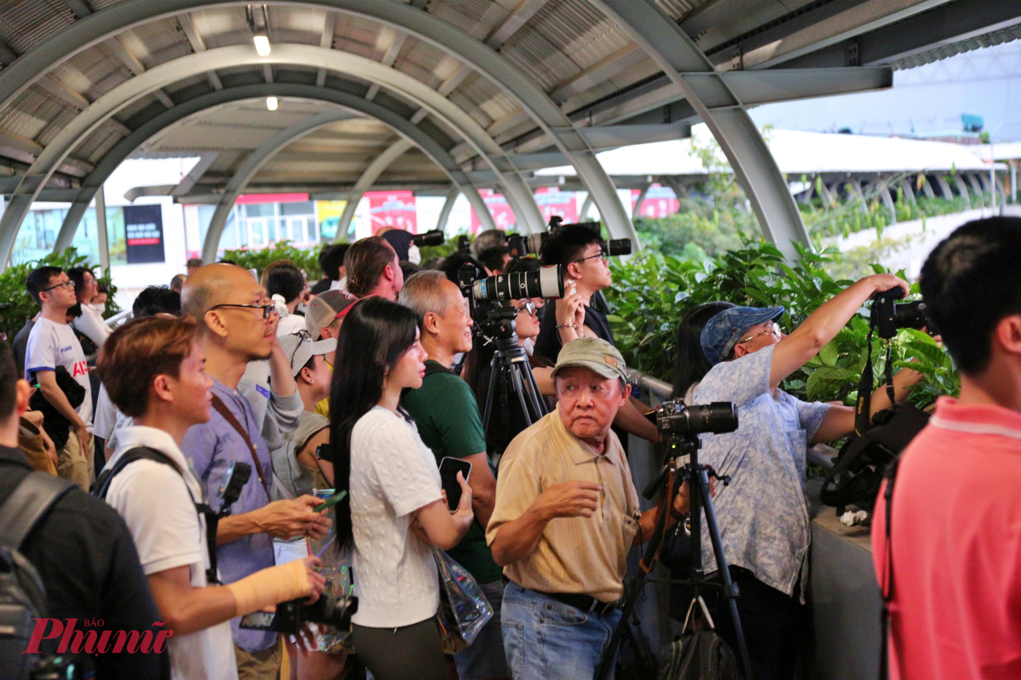 Hàng chục nhiếp ảnh gia chuyên nghiệp lẫn nghiệp dư mang theo máy ảnh, ống kính tele dài, chân máy cao quá đầu người, đứng san sát nhau trên cầu.