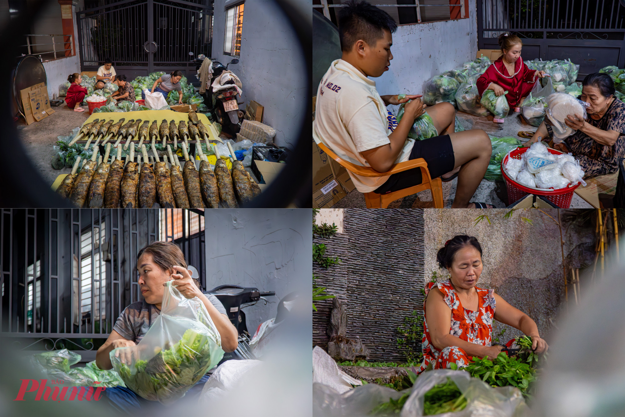 Nhằm phục vụ nhu cầu người mua tăng cao từ đêm mùng 9 đến sáng mùng 10 tháng Giêng, các quầy bán tại đây đều huy động hàng chục người không ngủ để chuẩn bị cá bán. Trong ảnh, các công nhân của một quầy bán cá lóc nướng đang phân chia rau, bún, gia vị, bánh tráng vào các túi nhỏ bán kèm với cá lóc nướng. 
