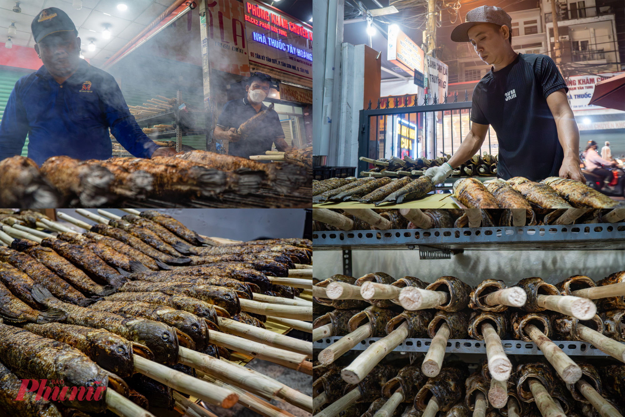  Sau khi vệ sinh, xiêng mía vào cá, cá lóc sẽ được đẩy ra các lò để nướng. Mỗi mẻ cá lóc được nướng kỹ lưỡng trong khoảng 20-30 phút, sau đó được cạo bỏ lớp vảy cháy bên ngoài để đảm bảo hương vị thơm ngon nhất.