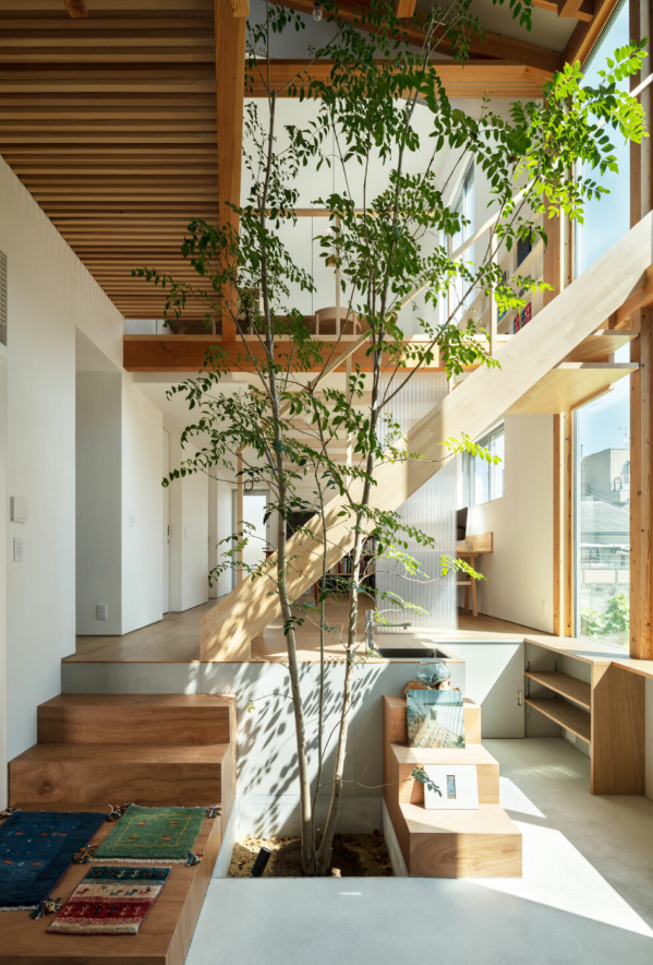 Trong dự án House with a Margin, Yukawa Design Lab đã thiết kế ngôi nhà này cho một gia chủ ở Ibaraki, Nhật Bản. Trong thiết kế này, họ tập trung vào ánh sáng, gió, cây xanh, màu sắc và sự linh động. Một khoảng sân trong với không gian cao gấp đôi và bức tường kính, có một cây xanh ở trung tâm mọc xuyên suốt đến tầng hai, cho phép gia chủ ngắm nhìn thiên nhiên từ mọi không gian nội thất. Ảnh: @Ảnh: Yohei Sasakura.