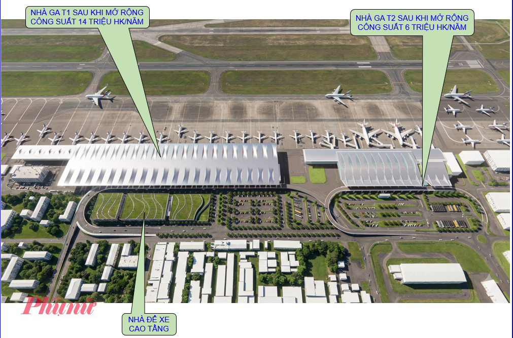 Phối cảnh mở rộng Cảng Hàng không quốc tế Đà Nẵng với nhà ga T1 công suất 14 triệu lượt khách/năm, nhà ga T2 6 triệu lượt khách/năm và nhà để xe cao tầng_Bộ Xây dựng.