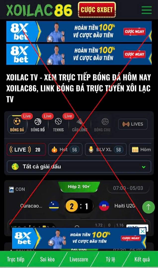 Giao diện một trong những web lậu của hệ thống Xôi Lạc TV.