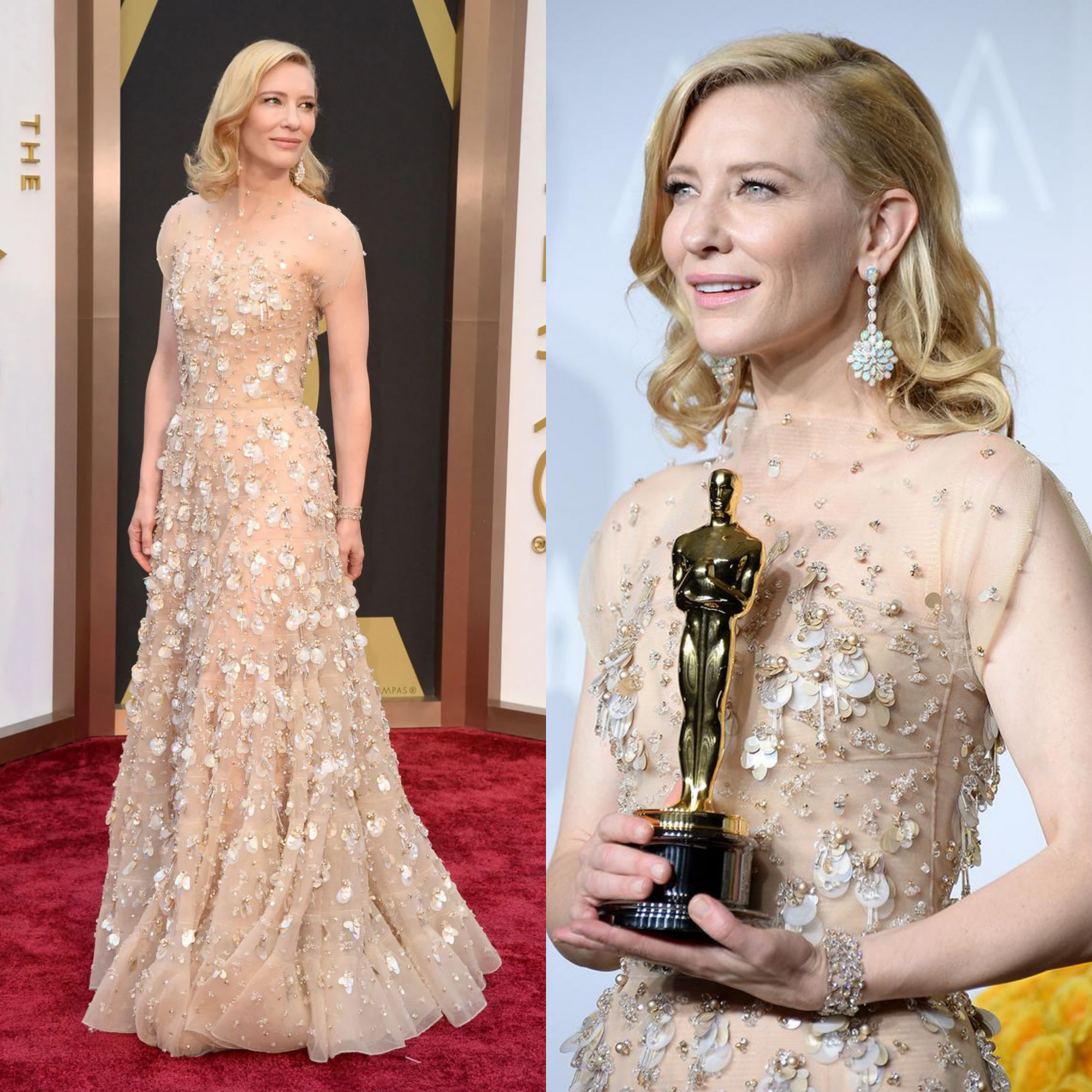 Tại thảm đỏ Oscar 2014, Cate Blanchett xuất hiện trong chiếc váy haute couture của Armani Privé khi giành giải Nữ diễn viên chính xuất sắc cho bộ phim Blue Jasmine. Chiếc váy được thiết kế lớp ren nude đính sequin lấp lánh, phom dáng thanh thoát, hiệu ứng ánh sáng lung linh  khi sải bước tr sân khấu. Thiết kế này được đánh giá là sự kết hợp hoàn hảo giữa sự tinh tế và kỹ thuật couture, thể hiện đỉnh cao tay nghề của nhà mốt Ý.