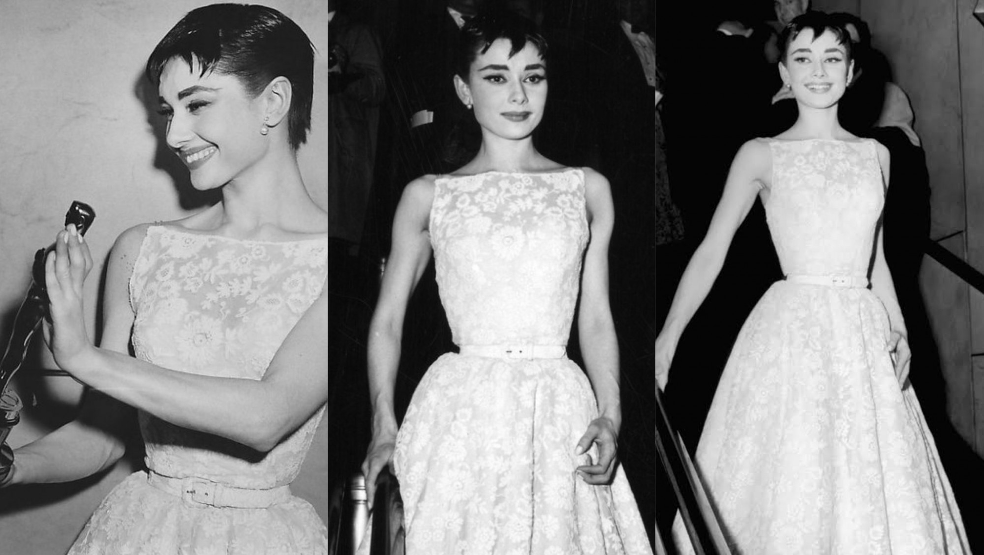 Tại lễ trao giải Oscar thứ 26 năm 1954, Audrey Hepburn bước lên sân khấu nhận giải Nữ diễn viên chính xuất sắc nhất cho vai diễn trong bộ phim Roman Holiday. Khoảnh khắc ấy không chỉ trở thành dấu mốc trong sự nghiệp của Hepburn mà còn đi vào lịch sử thời trang thảm đỏ.    Nữ minh tinh xuất hiện trong chiếc váy trắng thanh lịch với họa tiết hoa nhẹ, thiết kế mang phom dáng cổ điển của thập niên 1950. Bộ trang phục nổi bật với phần eo thắt gọn gàng, tôn lên vóc dáng thanh mảnh đặc trưng của Hepburn. Chân váy dài xòe nhẹ, tạo cảm giác mềm mại và nữ tính, chất liệu vải jacquard dập hoa tinh tế, mang lại vẻ sang trọng.