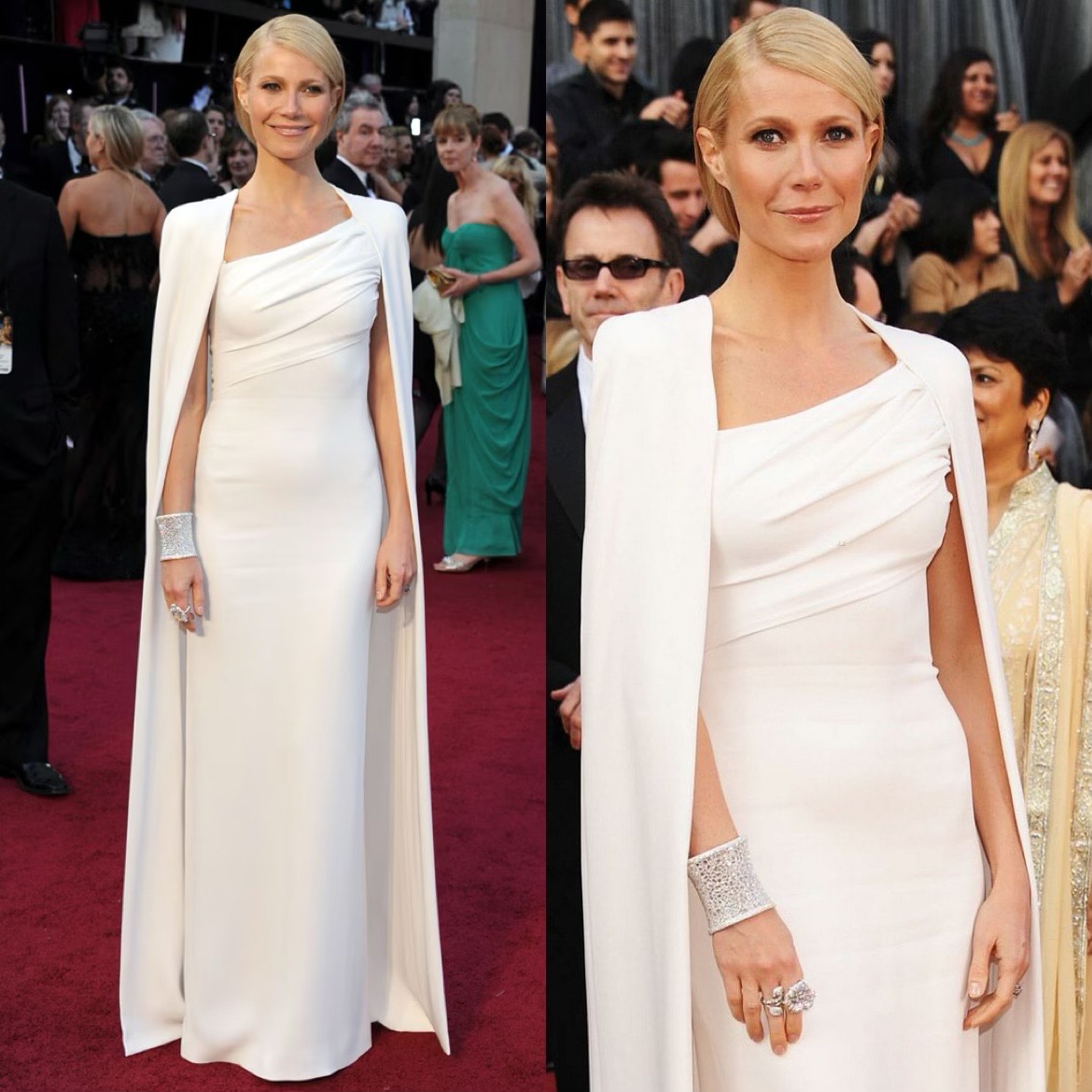 Tại Oscar 2012, Gwyneth Paltrow khiến thảm đỏ trở nên nổi bật với chiếc váy trắng tinh khiết của Tom Ford.    Thiết kế mang phong cách tối giản nhưng cực kỳ sang trọng với dáng váy cột gọn gàng, áo choàng cape dài phủ vai và phom dáng sắc sảo. Khoảnh khắc Paltrow sải bước trên thảm đỏ được nhiều tạp chí thời trang gọi là vẻ đẹp của sự tối giản hoàn hảo, khi chiếc váy gần như không có chi tiết trang trí nhưng vẫn gây ấn tượng mạnh. Thiết kế này sau đó đã thúc đẩy xu hướng váy cape xuất hiện dày đặc trên thảm đỏ những năm tiếp theo.