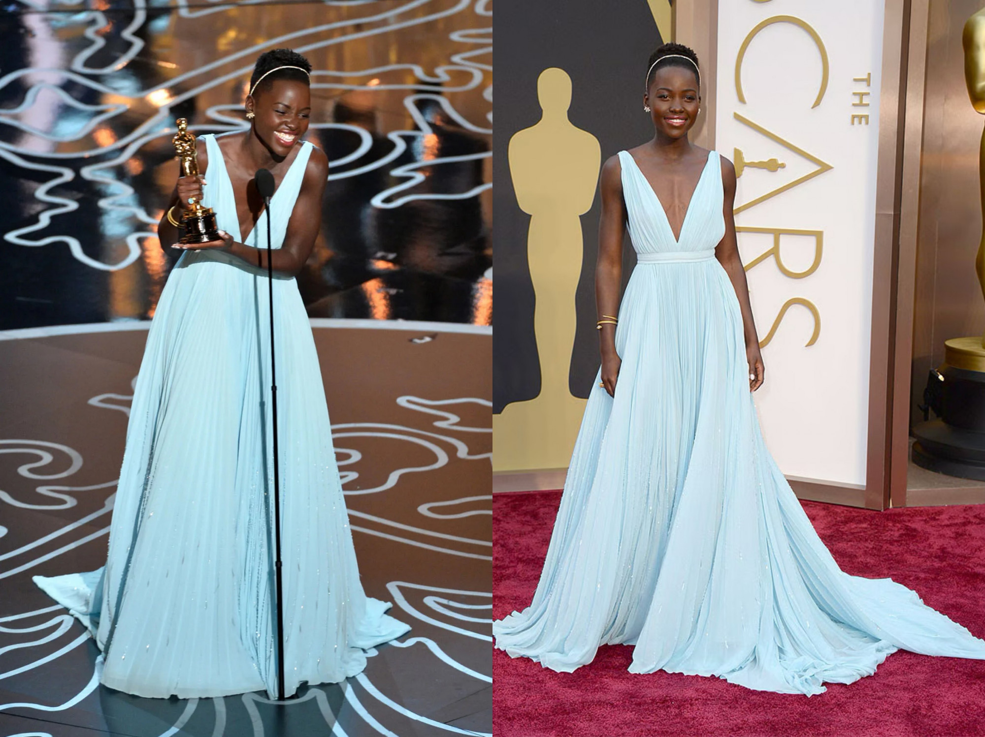 Cũng trong  lễ trao giải Oscar 2014, nữ diễn viên Lupita Nyong’o bước lên thảm đỏ trong chiếc váy xanh pastel của Prada, đây là một trong những thiết kế được ca ngợi nhất thập kỷ.    Chiếc váy gây ấn tượng với sắc xanh nhạt gợi nhớ quê hương Kenya của Nyong’o. Phần cổ chữ V sâu thanh lịch, thân váy xếp ly mềm mại tạo hiệu ứng chuyển động nhẹ nhàng.Lupita Nyong’o sau đó đã giành giải Nữ diễn viên phụ xuất sắc cho bộ phim 12 Years a Slave, khiến chiếc váy càng trở thành biểu tượng của khoảnh khắc lịch sử.