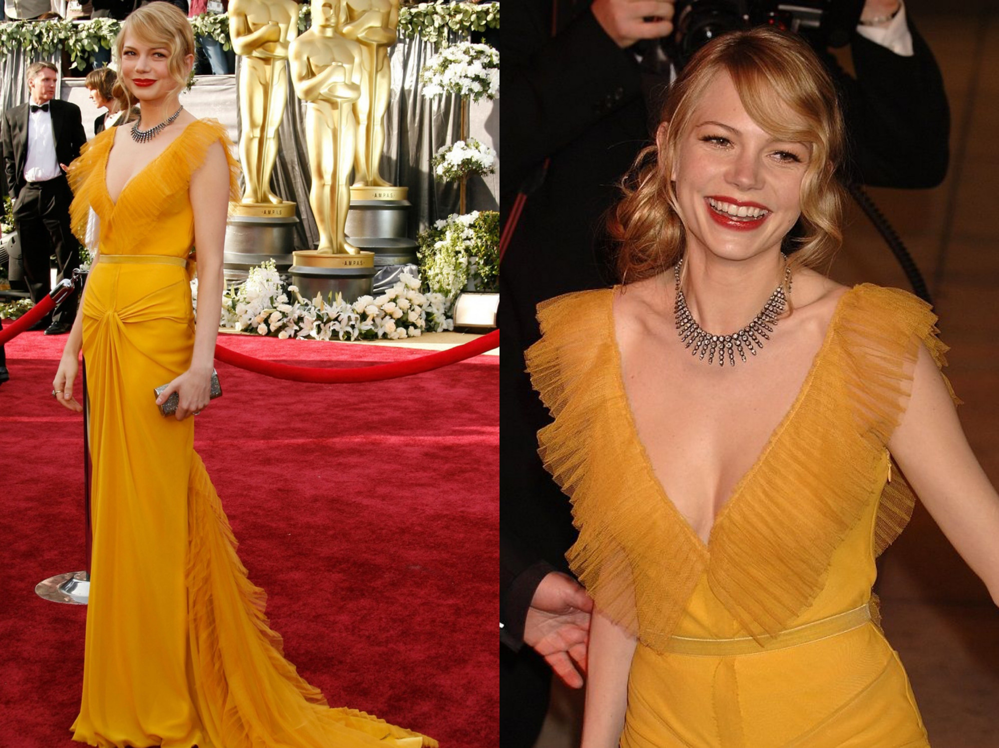 Năm 2006, Michelle Williams tạo nên khoảnh khắc thời trang đáng nhớ tại lễ trao giải Oscar khi diện chiếc váy vàng nghệ của Vera Wang.    Thiết kế nổi bật nhờ sắc vàng saffron rực rỡ, dáy váy xếp nếp nhẹ đi kèm chi tiết draping mềm mại. Trong bối cảnh thảm đỏ thường tràn ngập váy đen và màu trung tính, lựa chọn màu sắc táo bạo của Williams đã được ca ngợi là một trong những khoảnh khắc màu sắc đẹp nhất lịch sử Oscar.