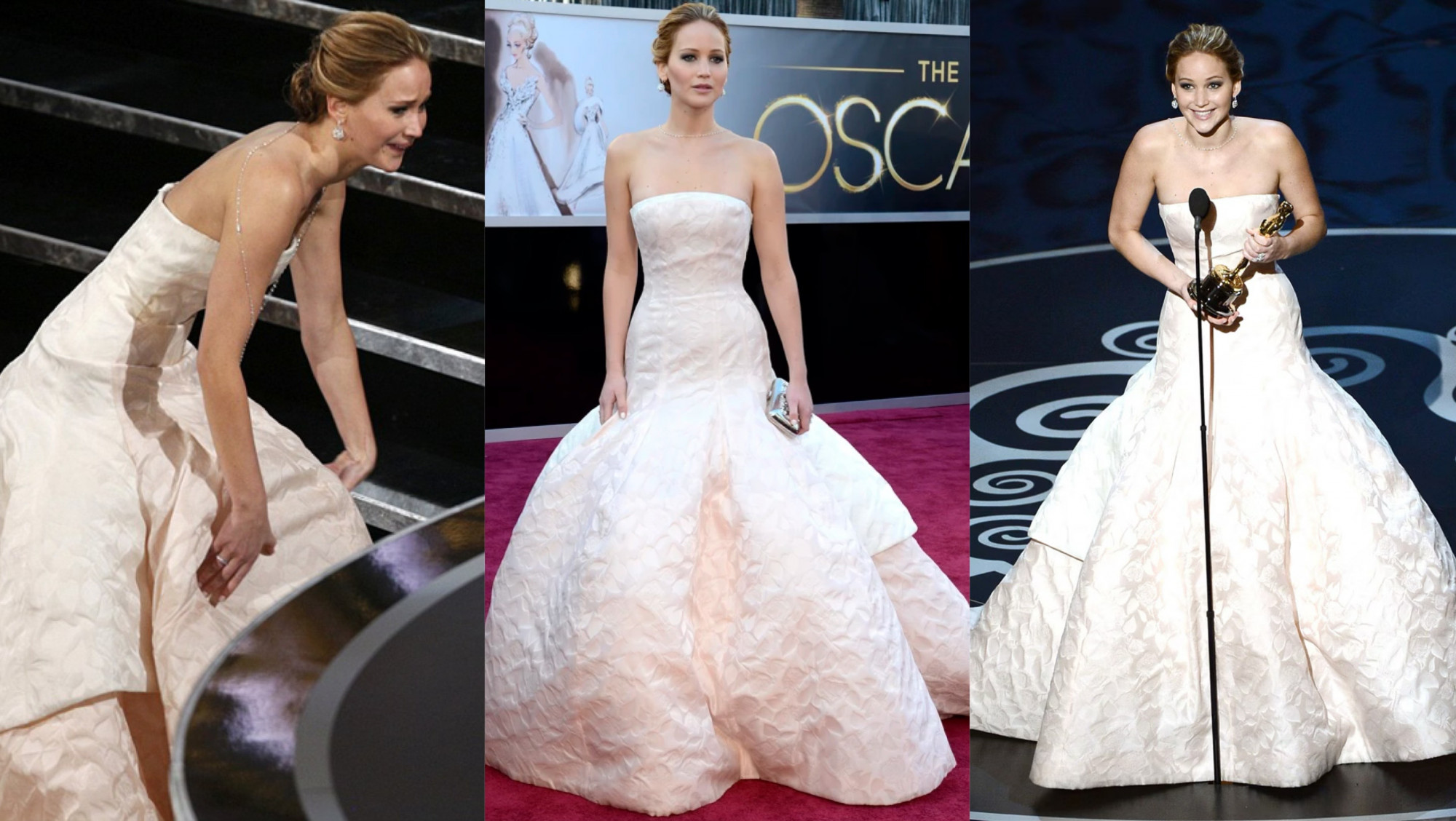 Một trong những khoảnh khắc đáng nhớ nhất của Oscar 2013 là khi Jennifer Lawrence bước lên sân khấu nhận giải Nữ diễn viên chính xuất sắc cho bộ phim Silver Linings Playbook.    Cô mặc chiếc váy dạ hội màu hồng nhạt của Dior được thiết kế bởi Raf Simons. Chiếc váy gây ấn tượng với phom dáng strapless cổ điển, chân váy phồng lớn đi kèm chất liệu vải sang trọng. Khoảnh khắc Lawrence vấp ngã trên bậc thềm sân khấu vì chiếc váy quá lớn đã trở thành một trong những hình ảnh đáng nhớ nhất lịch sử Oscar. Dù vậy, thiết kế này vẫn được coi là một trong những chiếc váy thảm đỏ đẹp nhất thập kỷ.