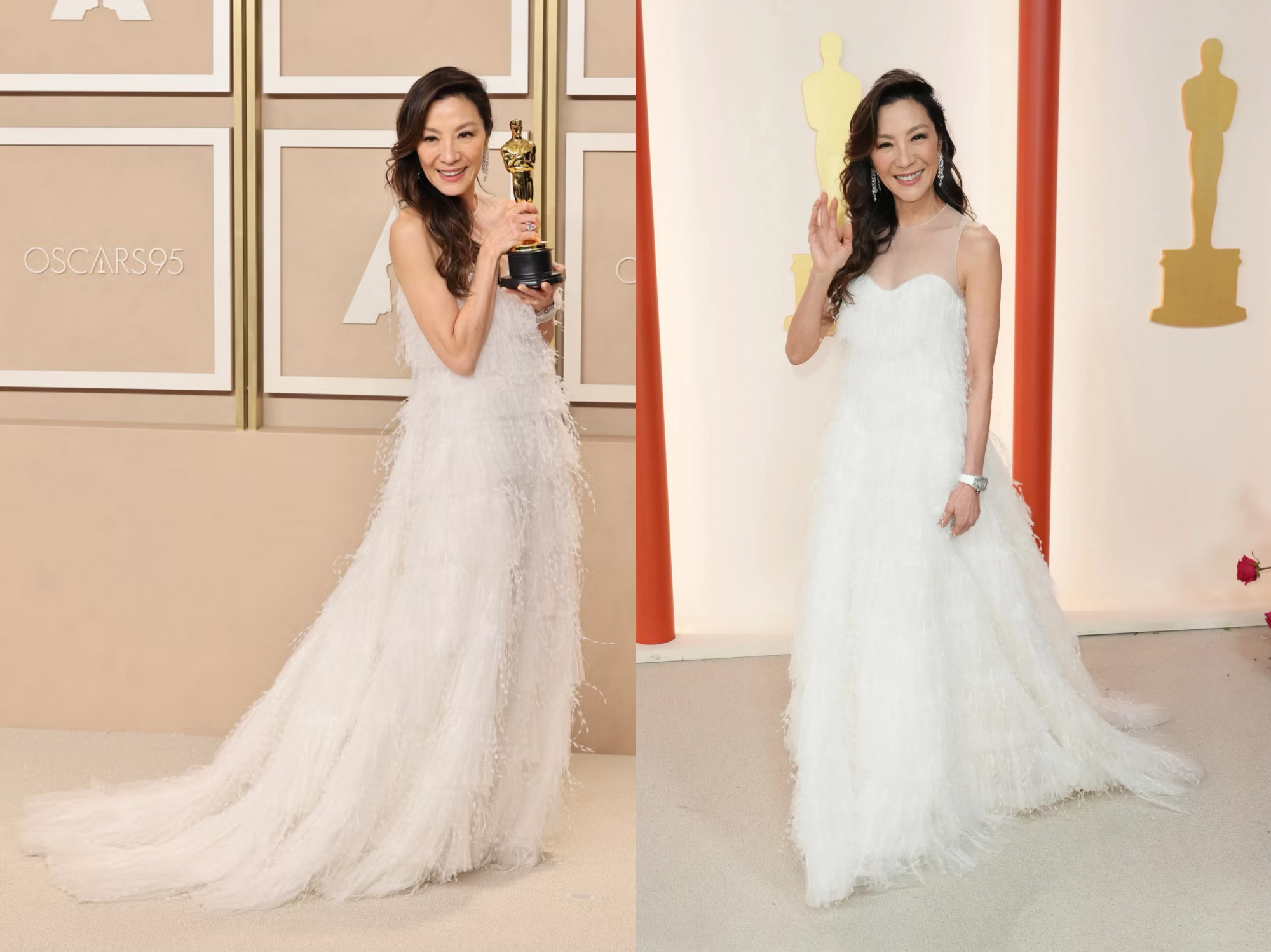 Khoảnh khắc Dương Tử Quỳnh giành giải Nữ diễn viên chính xuất sắc tại Oscar 2023 cho bộ phim Everything Everywhere All at Once cũng gắn liền với một thiết kế couture đáng nhớ của Dior. Chiếc váy được thiết kế với gam màu trắng ngà thanh lịch, chi tiết lông vũ mềm mại ở phần thân và tay áo, phom dáng cấu trúc tinh tế, tôn lên vẻ sang trọng. Không chỉ là một bộ váy đẹp, trang phục của Michelle Yeoh còn gắn liền với khoảnh khắc lịch sử của điện ảnh, khi cô trở thành người phụ nữ châu Á đầu tiên giành Oscar Nữ chính, khiến hình ảnh trên thảm đỏ năm đó càng mang ý nghĩa biểu tượng.