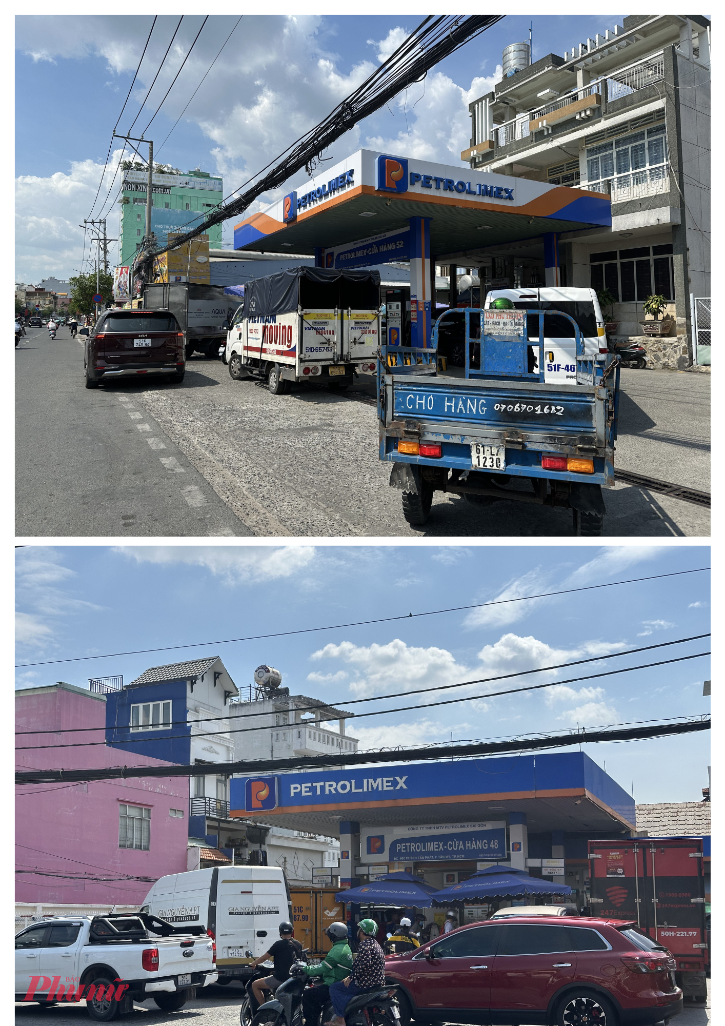 Hai cây xăng khác của Petrolimex nằm đối diện nhau trên đường Huỳnh Tấn Phát (P.Tân Mỹ, TP. HCM) không nhiều xe máy, ngược lại, cái dãy xe oto nối đuôi nhau chờ tới lượt đổ xăng - Ảnh: Lê Hoài Việt