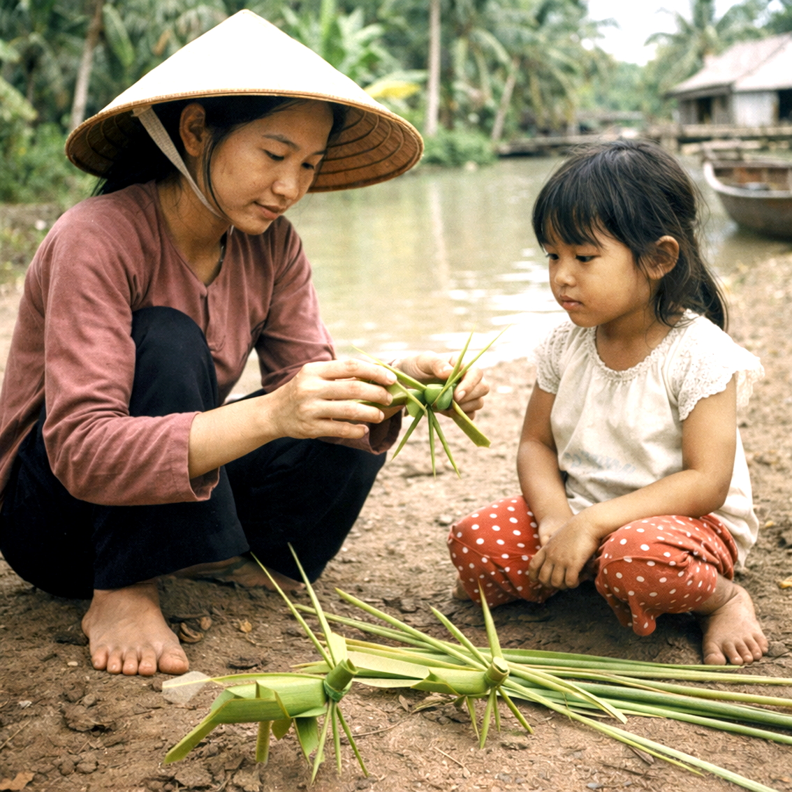 Ngày đó, mẹ từng thắt cho tôi những con cào cào  xanh mướt bằng lá dừa - Ảnh minh họa do AI tạo