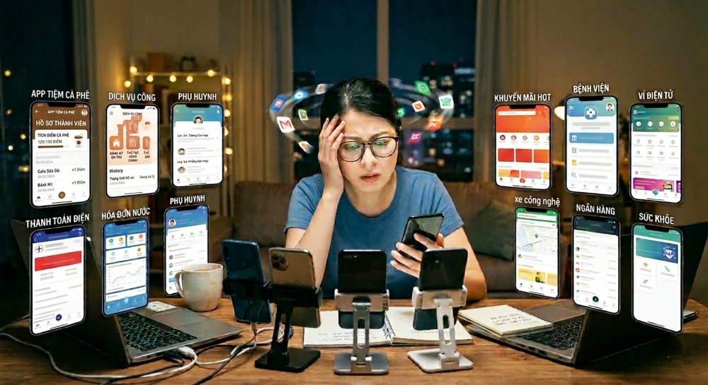 Nhiều người dùng hoa mắt và lo bị lừa đảo khi điện thoại có đến 50 app - Ảnh minh họa được tạo bởi trí tuệ nhân tạo (AI)