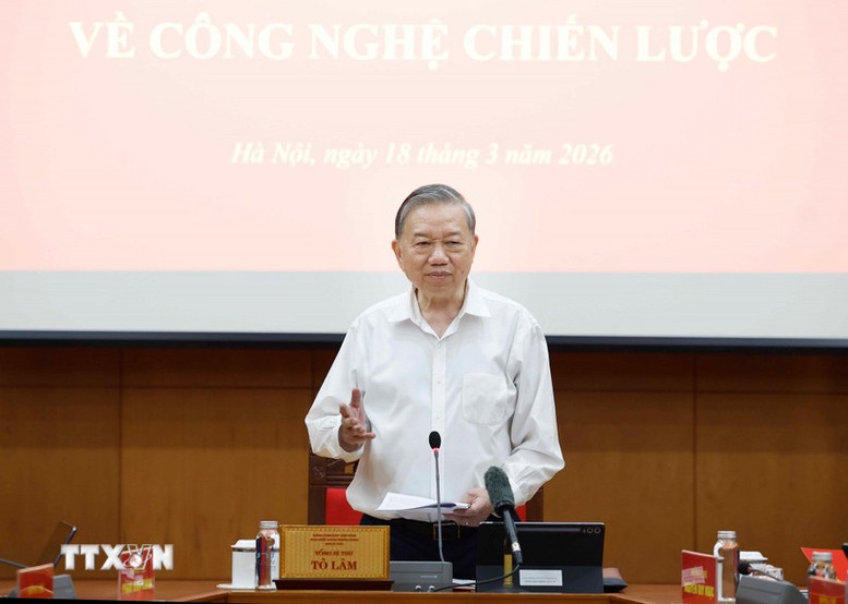 Tổng Bí thư Tô Lâm, Trưởng Ban Chỉ đạo Trung ương về phát triển khoa học, công nghệ, đổi mới sáng tạo và chuyển đổi số phát biểu- Ảnh: TTXVN