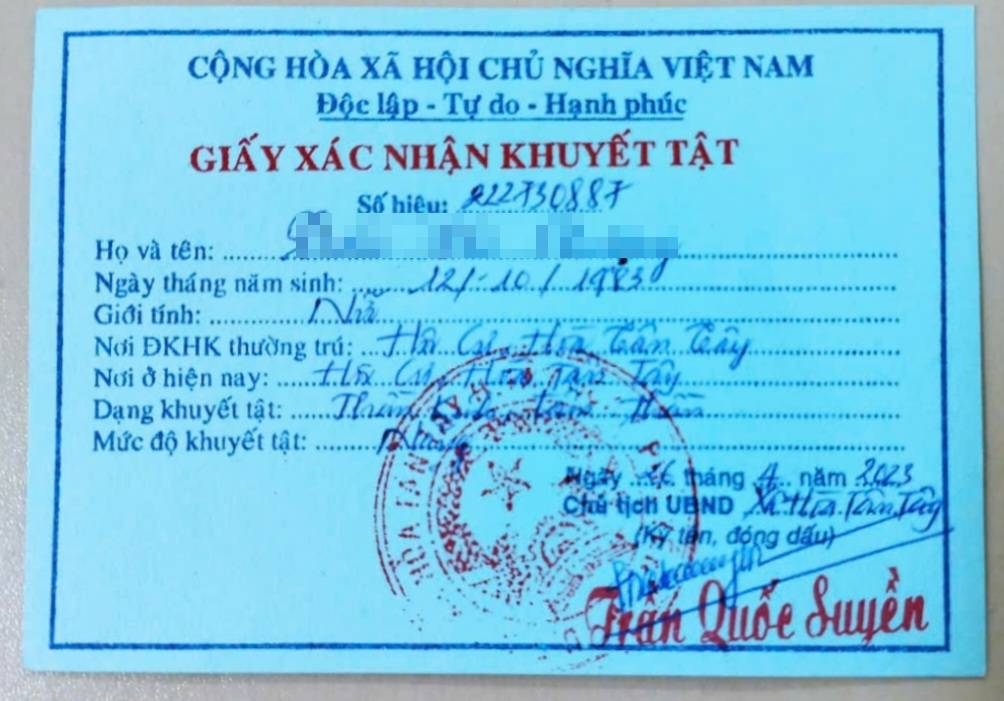 Giấy xác nhận khuyết tật thần kinh tâm thần của bà P - ảnh: A.H.
