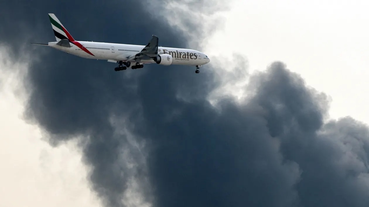Máy bay Boeing 777 của Emirates chuẩn bị hạ cánh khi cột khói bốc lên gần Sân bay Quốc tế Dubai, ngày 16/3. Ảnh: Getty Images