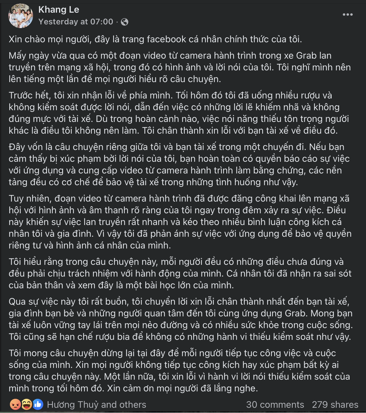 Trên trang cá nhân của mình, nhạc sĩ Minh Khang cũng đã chia sẻ về vụ việc. Tuy nhiên, lời xin lỗi từ phía nhạc sĩ vẫn vấp phải những ý kiến trái chiều từ phía khán giả - Ảnh: Chụp màn hình