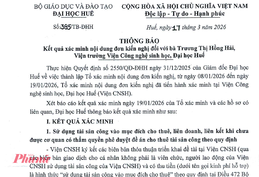 Những sai phạm của bà Trương Thị Hồng Hải- Viện trưởng Viện Công nghệ sinh học 