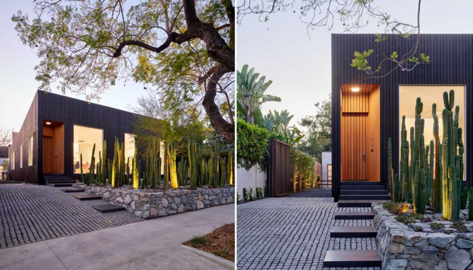 Vào ban đêm, ánh đèn làm nổi bật cây xương rồng cao lớn và cánh cửa gỗ phía trước. Ảnh: @Aalso Architects, HYCArch.