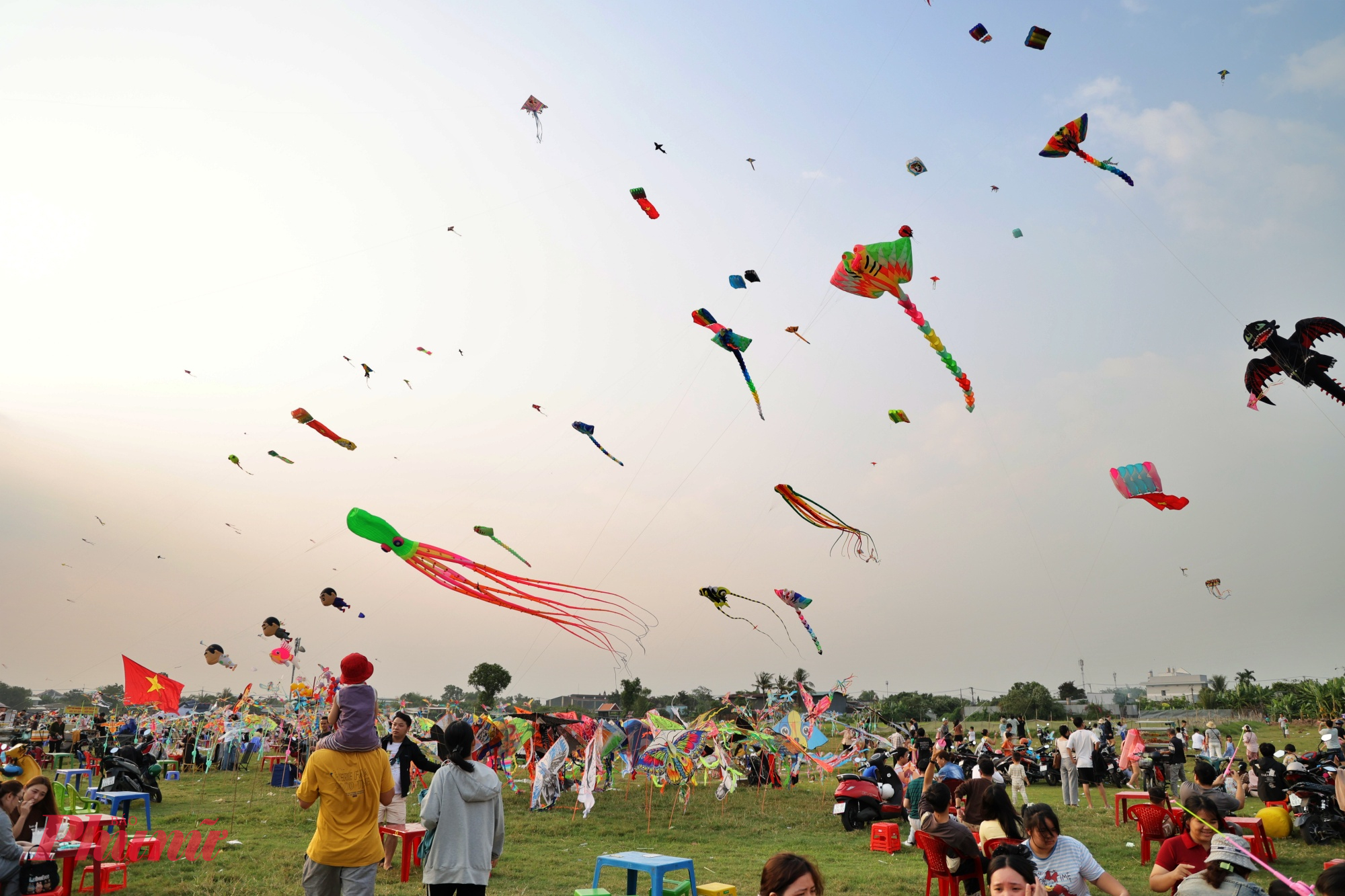 Không khí tại cánh đồng diều luôn sôi động khi gió lên. 
