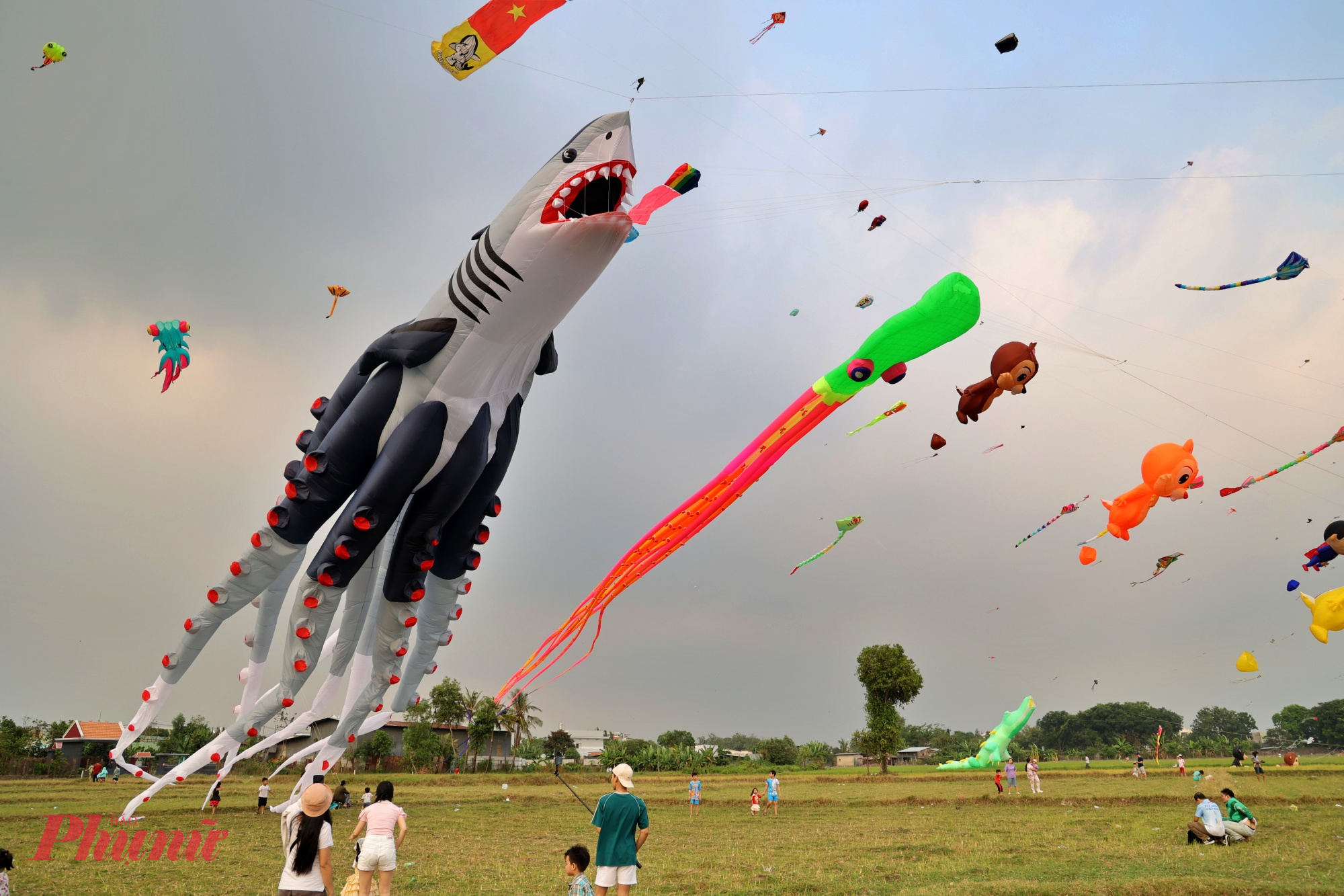 Nổi bật trong số đó là mẫu diều cá mập - bạch tuộc dài khoảng 30m do Câu lạc bộ Sharktopus Kite Team trình diễn. Khi được thả lên không trung, cánh diều khổng lồ này uốn lượn theo gió, thu hút sự chú ý của đông đảo người xem.