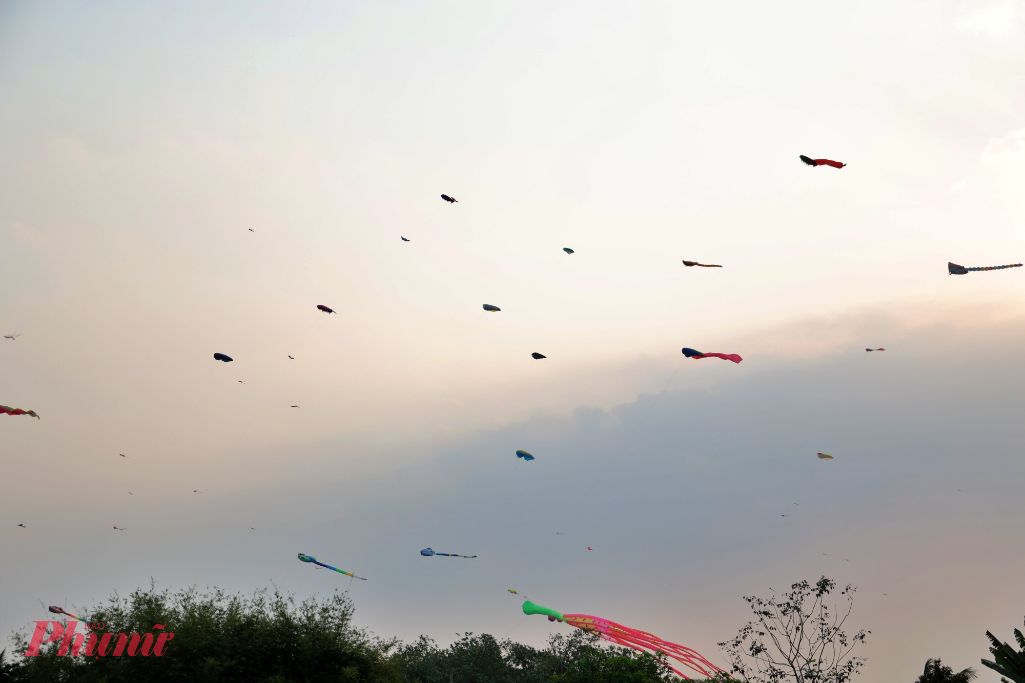 Trên nền trời rộng, hàng chục cánh diều đủ màu sắc, hình dáng bay lượn, tạo nên khung cảnh sinh động hiếm thấy giữa vùng ven TPHCM. 