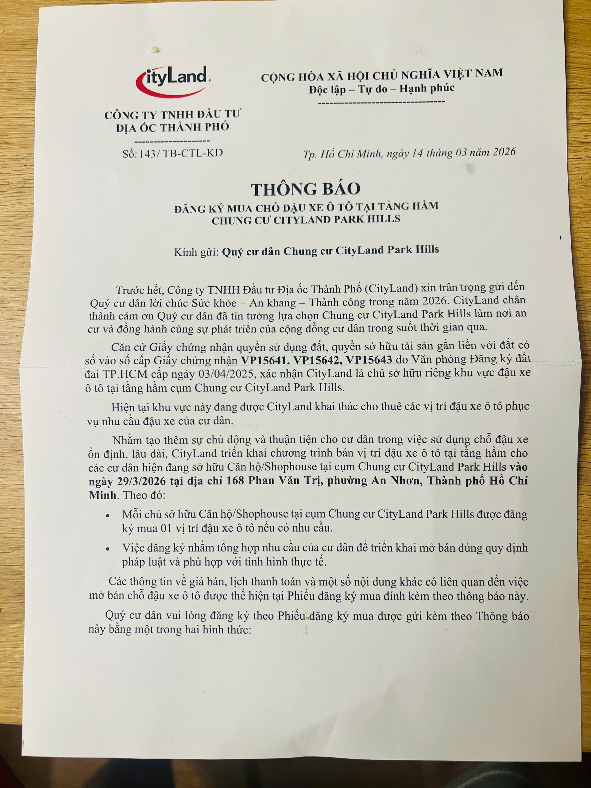 Thông báo bán chỗ đậu xe ô tô của chủ đầu tư