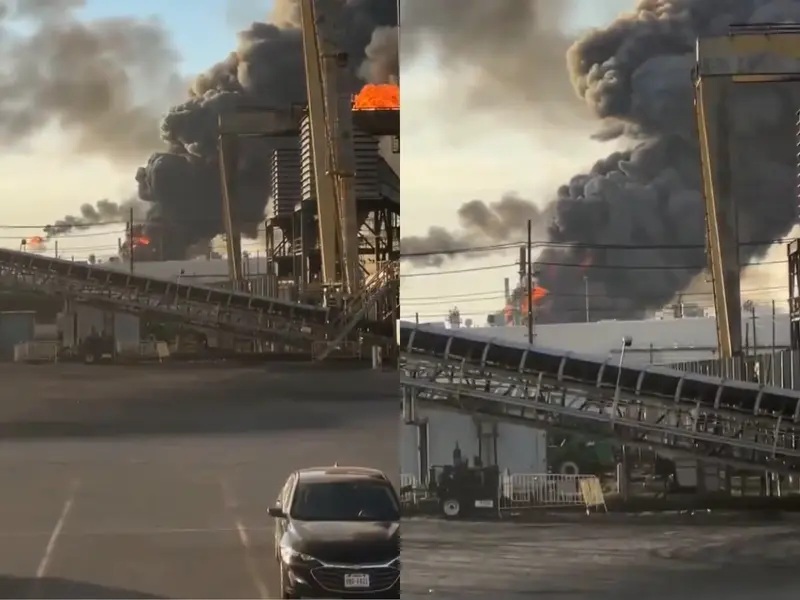 Đám cháy lớn tại nhà máy lọc dầu Valero Port Arthur, bang Texas (Mỹ) theo sau một vụ nổ đáng ngờ - Ảnh chụp màn hình từ X