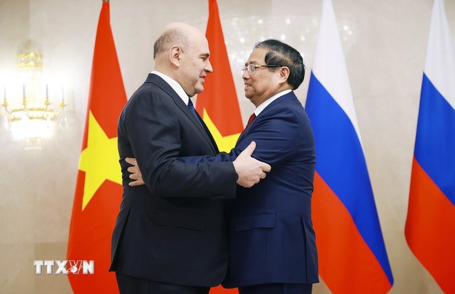 Thủ tướng Phạm Minh Chính hội đàm với Thủ tướng Liên bang Nga Mikhail Mishustin. (Ảnh: Dương Giang/TTXVN)