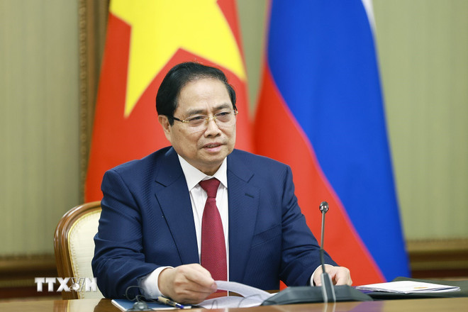 Thủ tướng Phạm Minh Chính phát biểu tại cuộc hội đàm với Thủ tướng Liên bang Nga Mikhail Mishustin - Ảnh: Dương Giang/TTXVN