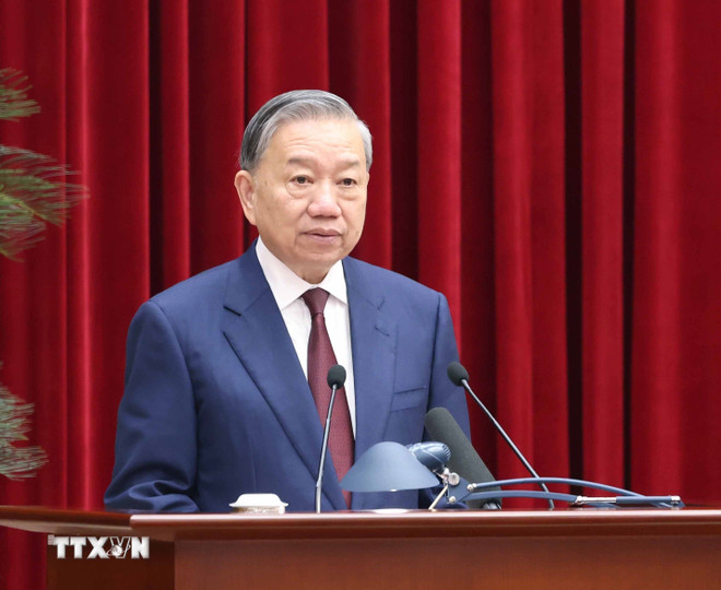 Tổng Bí thư Tô Lâm phát biểu bế mạc Hội nghị lần thứ hai Ban Chấp hành Trung ương Đảng khóa XIV. (Ảnh: Thống Nhất/TTXVN)