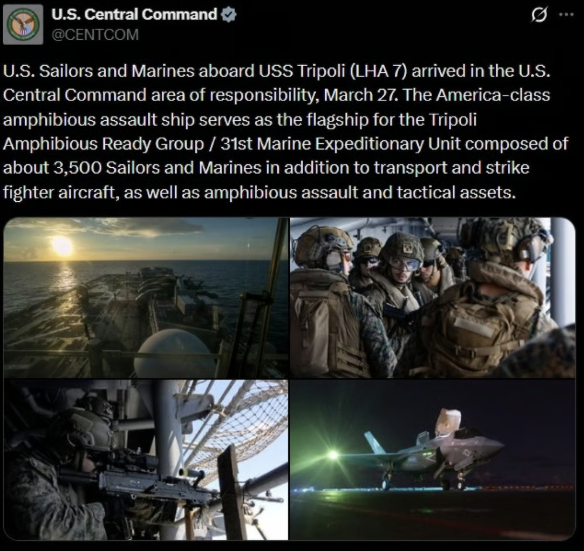 Bộ Tư lệnh Trung ương Hoa Kỳ đã chia sẻ hình ảnh của một số lực lượng trên tàu USS Tripoli trong một bài đăng trên mạng xã hội vào thứ Bảy. Hình ảnh: X/CENTCOM