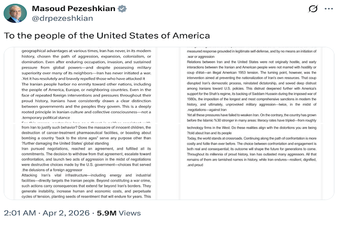 Bức thư ngỏ gửi người dân Mỹ của Tổng thống Iran Masoud Pezeshkian được công bố  trên nền tảng mạng xã hội X. Ảnh chụp màn hình