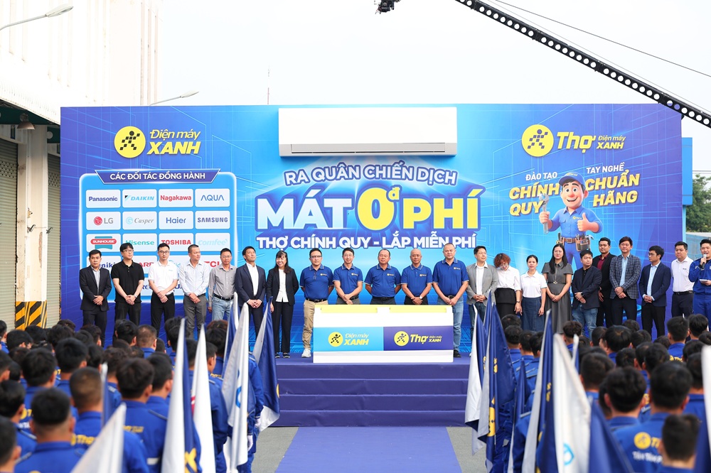 Lễ ra quân chiến dịch “Mát 0đ Phí” khẳng định sức mạnh liên kết bền chặt giữa Điện máy XANH và các hãng máy lạnh hàng đầu - Ảnh: Điện máy XANH