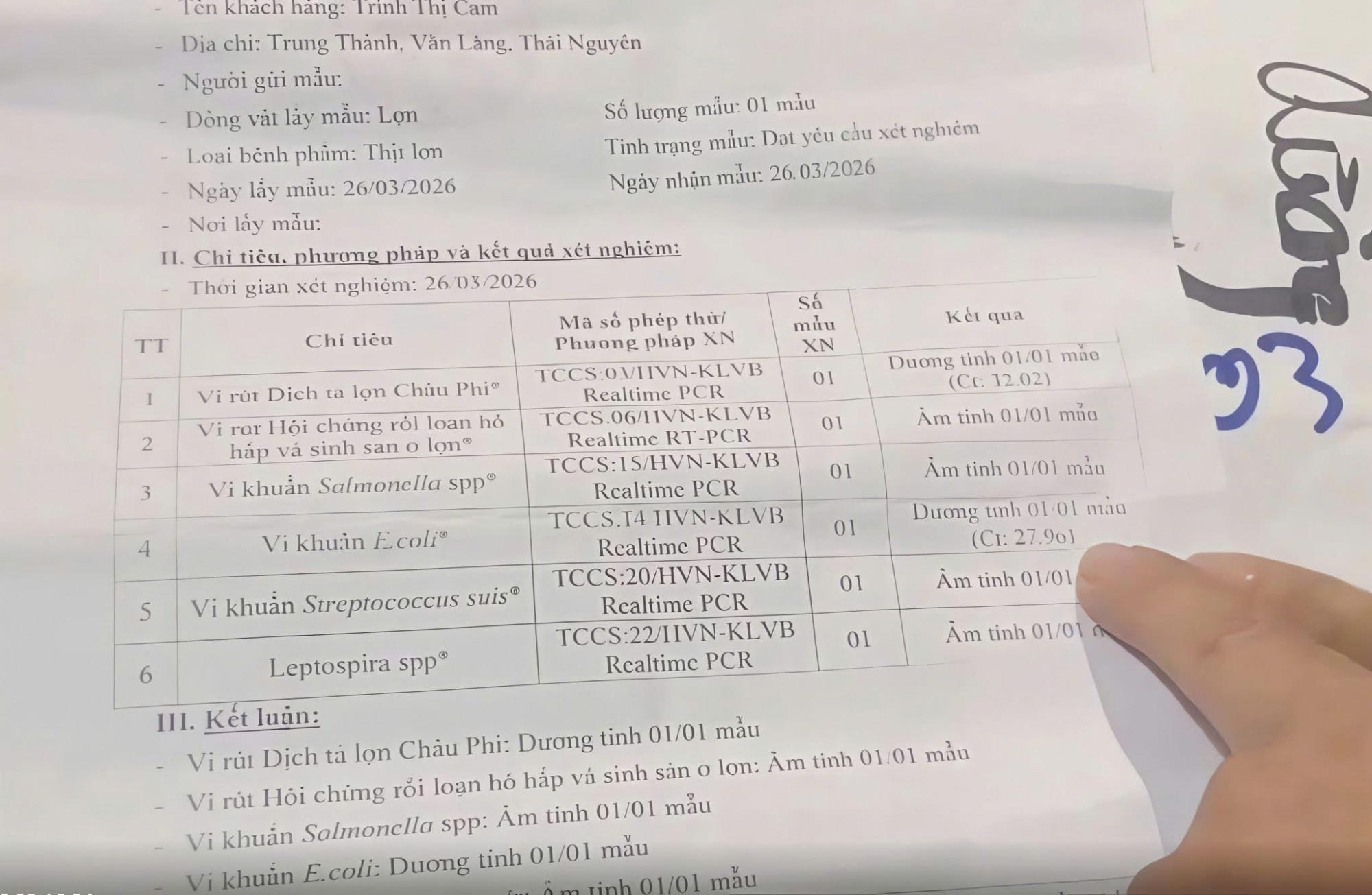 Phiếu xét nghiệm có 2 mẫu dương tính với vi khuẩn E.coli và virus dịch tả lợn châu Phi. Ảnh: N.T