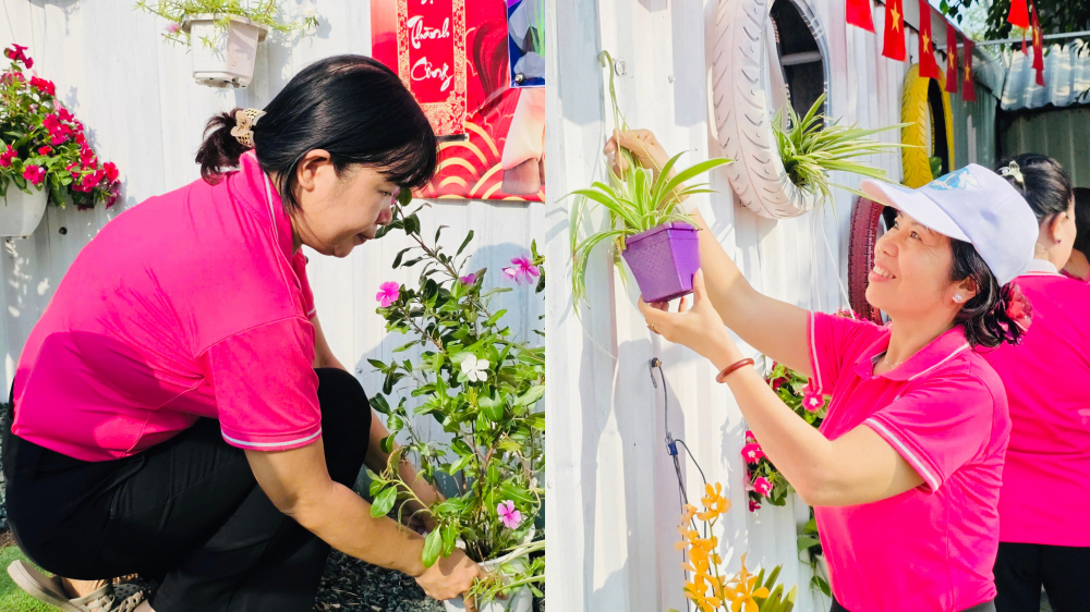 Hội viên phụ nữ xã trồng hoa, trang trí thêm nhiều cây xanh