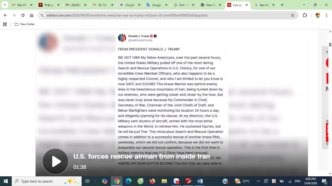 Ảnh chụp màn hình tài khoản MXH của TT Mỹ Donald Trump thông báo đã giải cứu được phi công