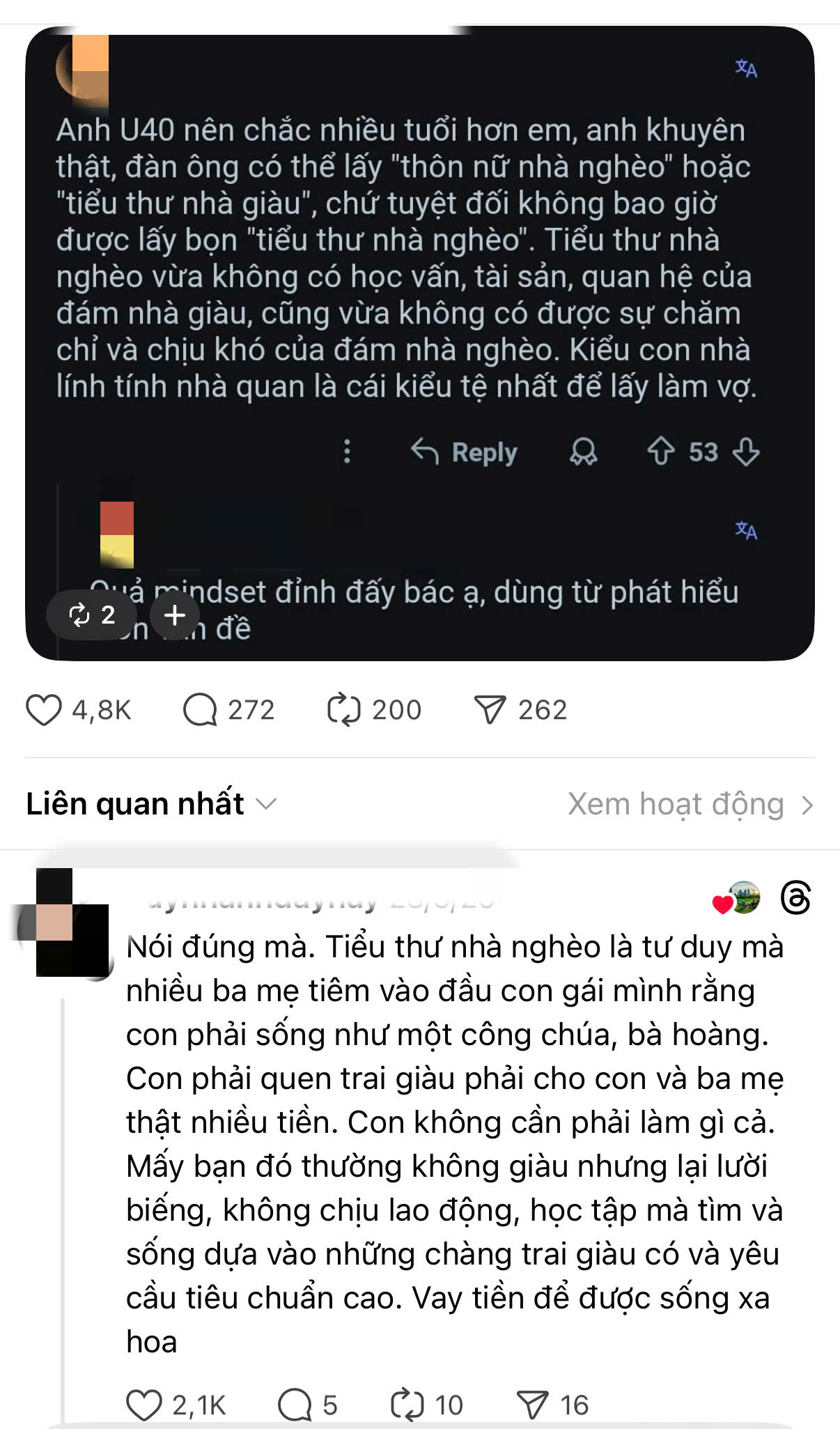 Câu bình luận của một người dùng mạng xã hội về tiêu thư nhà nghèo trên Thread - Ảnh: Thread