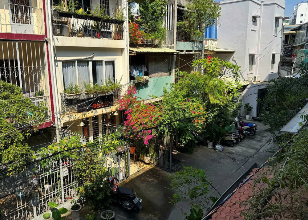 Hẻm 96, Võ Thị Sáu, phường Tân Định là một khu dân cư lâu đời, thanh cảnh, nơi mọi người giữ cho nhau bầu không khí êm ả ở mọi ngóc ngách. Vì vậy, bạn ghé thăm chỉ việc đi nhẹ, nói khẽ, cười duyên. Những lối nhỏ từ dưới đất lên đến trên cao đều dang tay chào đón. Dù con hẻm khá ngắn, nhà cửa san sát nhưng ẩn bên trong vẫn là vẻ sôi động thành thị ở góc độ nào đó. Vì vậy, đường khá vắng, mọi người đều bận rộn đâu đó phía sau các cánh cổng im lìm.  Đặc biệt, ở đây bạn sẽ thấy hai tầng thành phố, dưới thấp và trên cao. Cả hai đều xinh đẹp theo cách riêng của mình, đều xanh mướt, thướt tha và tuyệt nhiên yên tĩnh.