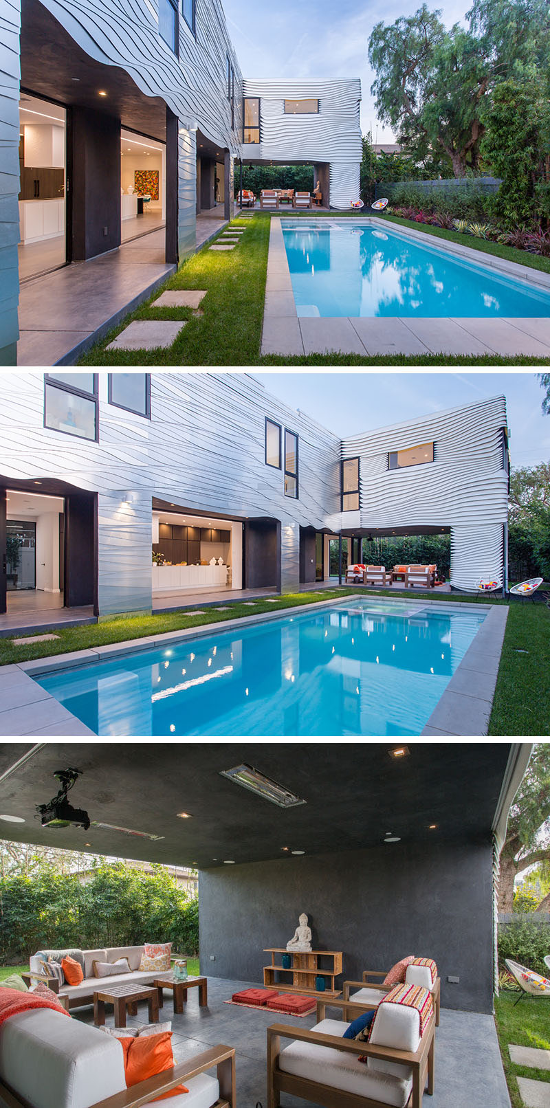 Hồ bơi dài và khu vực thư giãn có mái che với máy chiếu trong sân sau này tạo nên không gian lý tưởng để tổ chức một buổi tiệc xem phim ngoài trời trọn gói bên hồ bơi. Ảnh: @Brandon Arant.