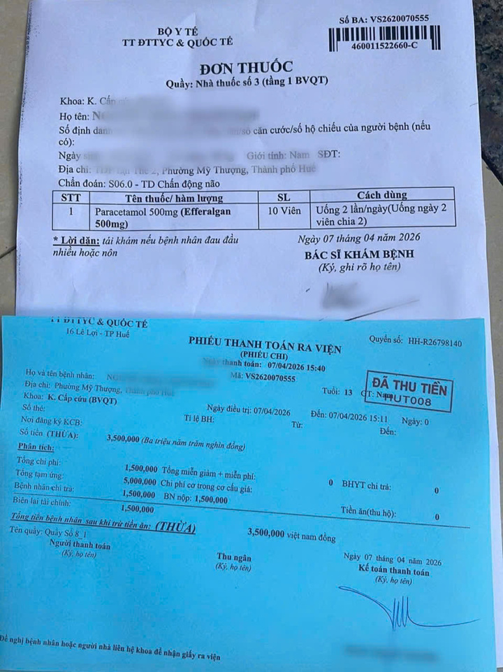 đơn thuốc tại quầy thuốc của bệnh viện chẩn đoán em N.H.T.Đ bị chấn động não. (Ảnh: NVCC)