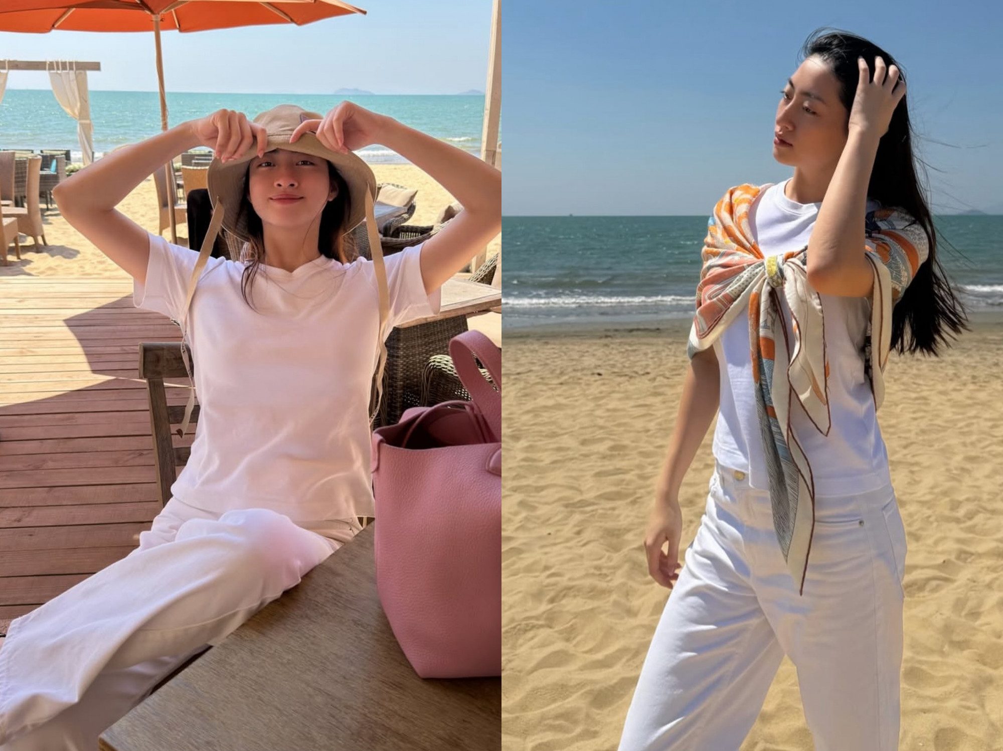 Tinh thần tối giản nhưng vẫn toát lên vẻ thanh lịch chính là điểm nổi bật trong phong cách mùa hè của Lương Thùy Linh qua loạt hình này. Người đẹp lựa chọn những thiết kế cơ bản như áo thun trắng kết hợp cùng quần sáng màu, tạo nên tổng thể nhẹ nhàng, thoáng mát và rất phù hợp với không khí biển. Điểm nhấn nằm ở cách cô khéo léo phối phụ kiện gồm chiếc mũ rộng vành mang lại cảm giác thư giãn khi nghỉ dưỡng, trong khi khăn lụa vắt hờ trên vai ở set đồ thứ hai lại tăng thêm nét sang trọng, tinh tế. Bảng màu trung tính giúp tôn lên làn da và vóc dáng thanh thoát, đồng thời mang đến hình ảnh vừa năng động vừa nữ tính. 