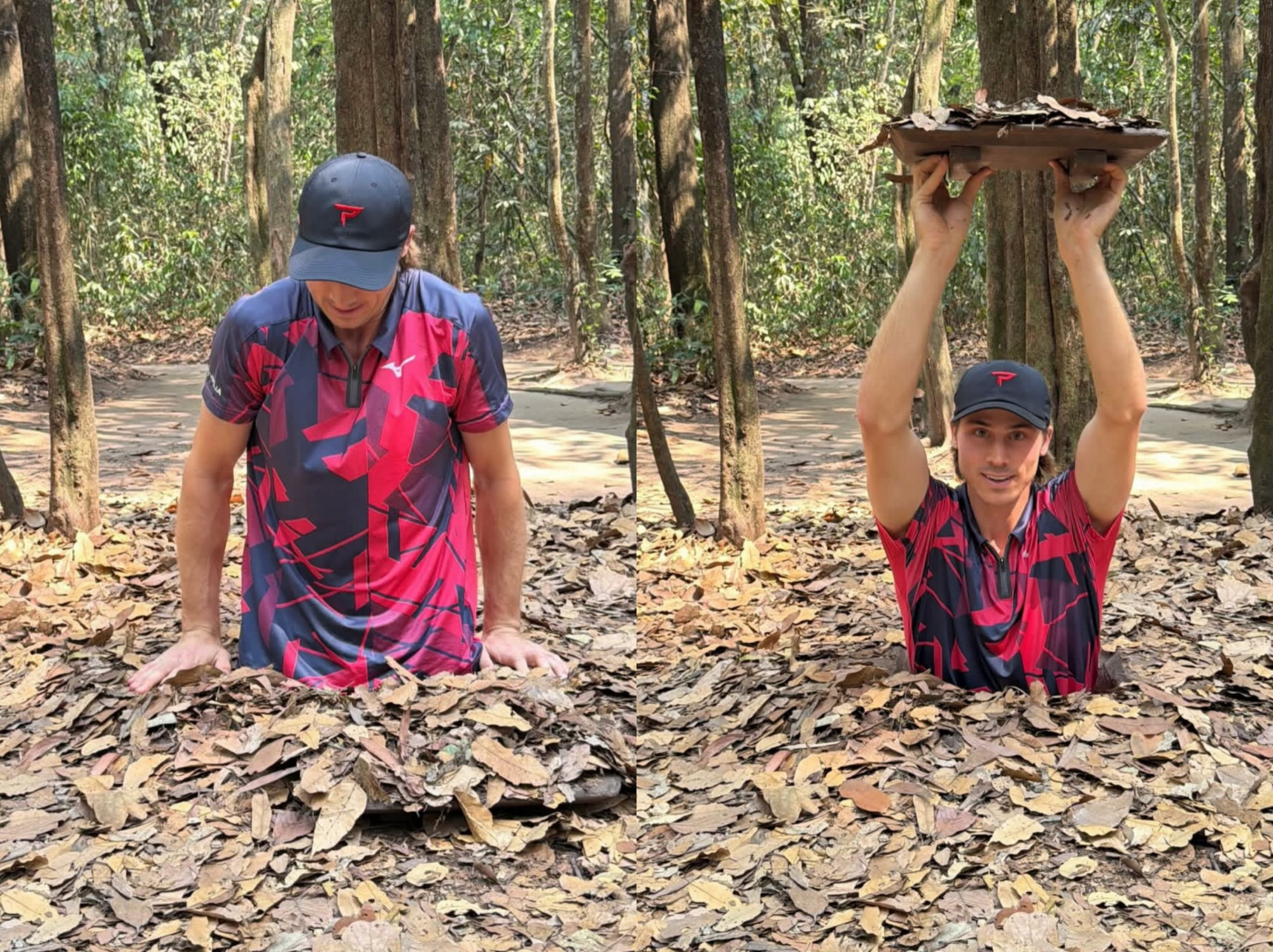 Christian Alshon chui địa đạo Củ Chi. Với chiều cao của anh, việc chui thành công các mét hầm ngầm trong lòng đất thật sự là một thử thách.