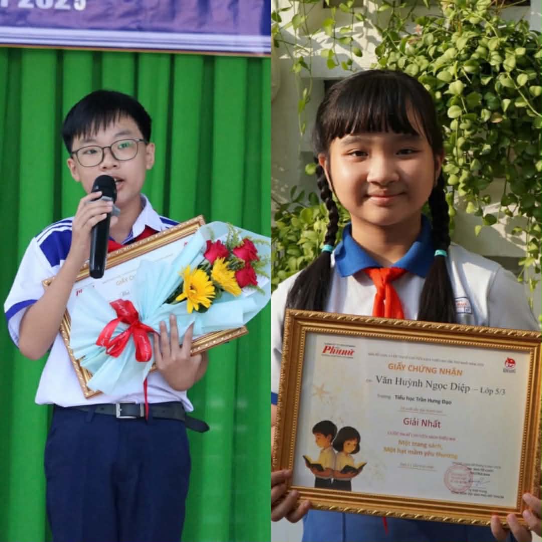 Thí sinh Văn Huỳnh Ngọc Diệp (phải) - giải nhất đợt 3 và Mai Nguyễn Quốc Bảo 