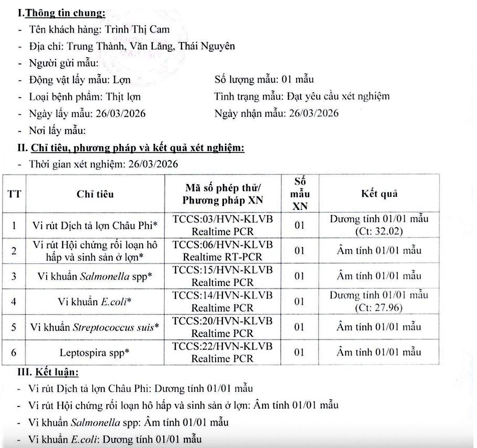 Phụ huynh học sinh ở xã Văn Lăng, tỉnh Thái Nguyên tự đưa mẫu thịt heo  (do nhà trường đưa nhờ xay) đi xét nghiệm thì nhận được kết quả mẫu thịt dương tính  với vi rút dịch tả heo châu Phi và vi khuẩn E.coli - Ảnh do phụ huynh học sinh cung cấp