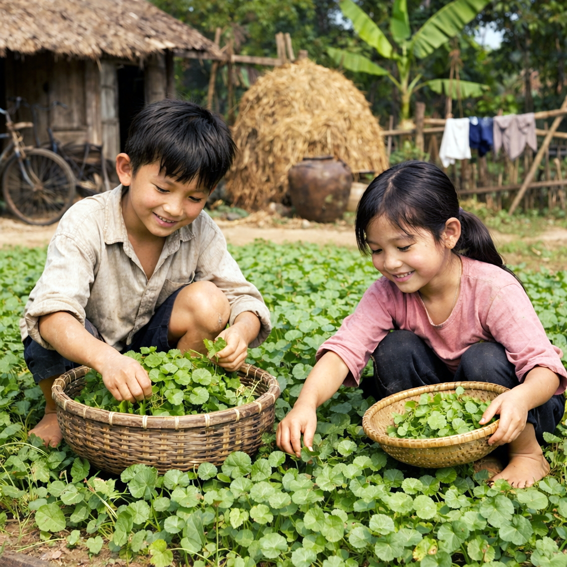 Những chiều ra vườn, ra đồng hái rau má trở thành ký ức khó quên - Ảnh minh họa do AI tạo 