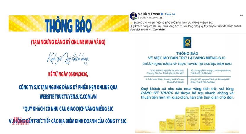 Thông báo mới nhất của Công ty SJC (ảnh trái), Ngay lập tức trang giả mạo có tích xanh đăng thông tin mở bán online trở lại để tiếp tục mồi chài khách hàng