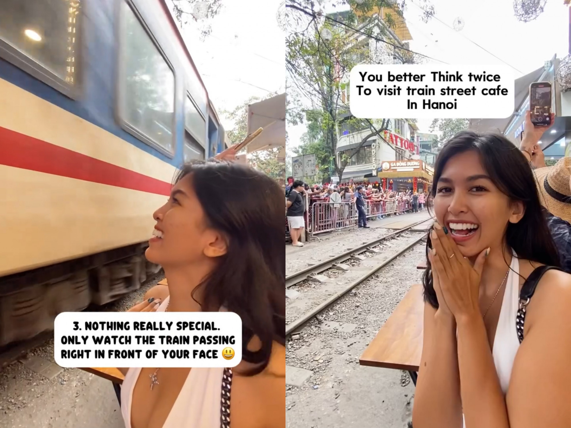 Cà phê đường tàu và xe ôm Hà Nội được ngôi sao pickleball Anna Bright quảng bá Á hậu Yemima Raissa bất ngờ khi ngồi uống cà phê và đoàn tàu lướt qua ngay trước mặt - Ảnh chụp màn hình