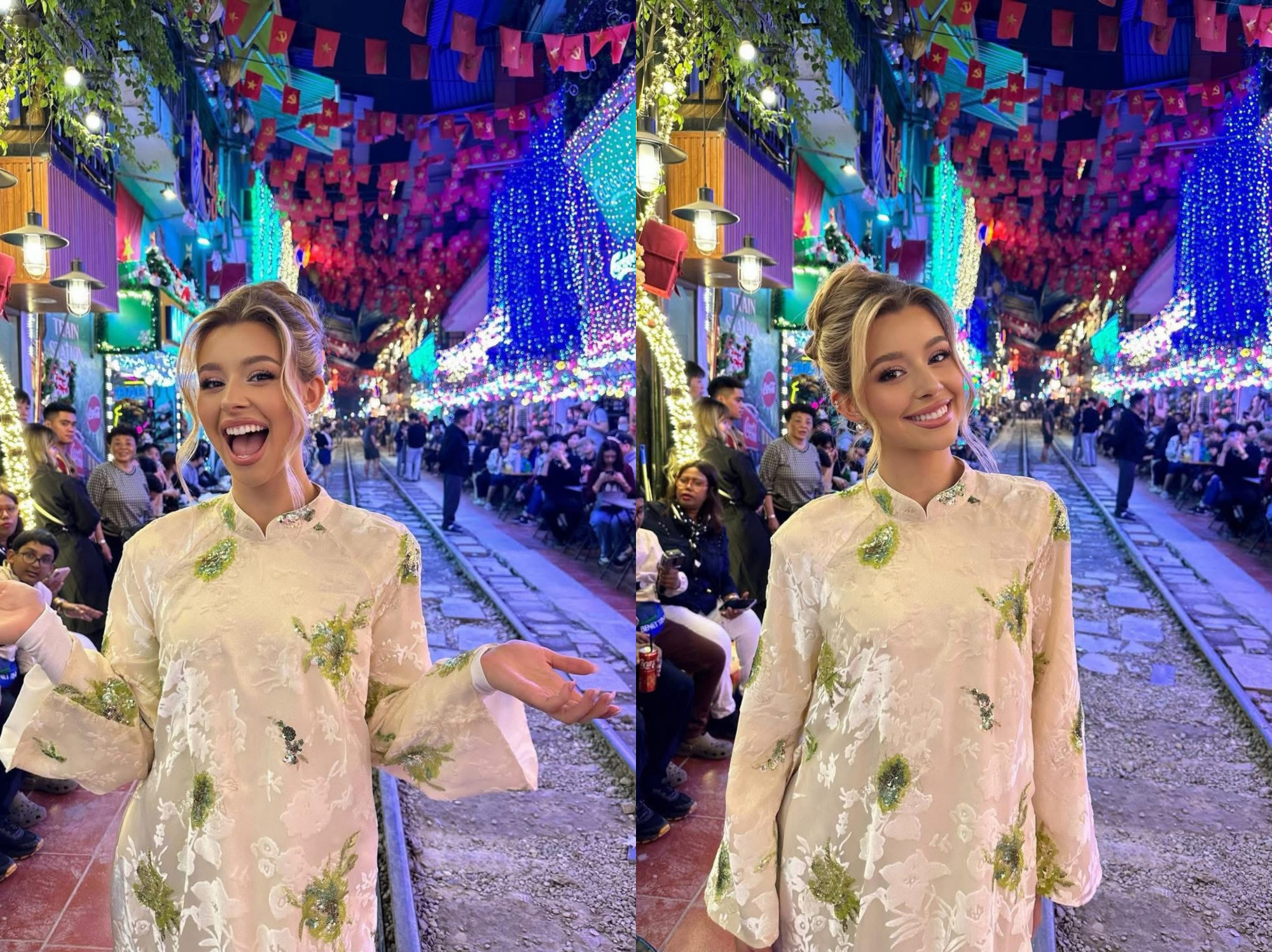 Cà phê đường tàu và xe ôm Hà Nội được ngôi sao pickleball Anna Bright quảng bá Miss Cosmo 2025 Yolina diện áo dài, hòa cùng không khí vui nhộn tại cà phê đường tàu về đêm - Ảnh: Yolina