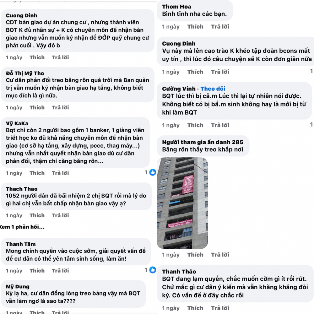 Nhiều tài khoản mạng xã hội bình luận với nhiều nội dung yêu cầu ban quan trị Bcons Garden ngưng nhận bàn giao do dân không tin tưởng chuyên môn để nhận. Ảnh: chụp màn hình